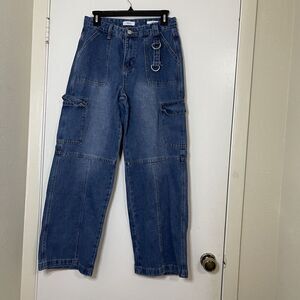 Forever 21 Cargo medium blue washed wide leg high waist denim jeans size 28